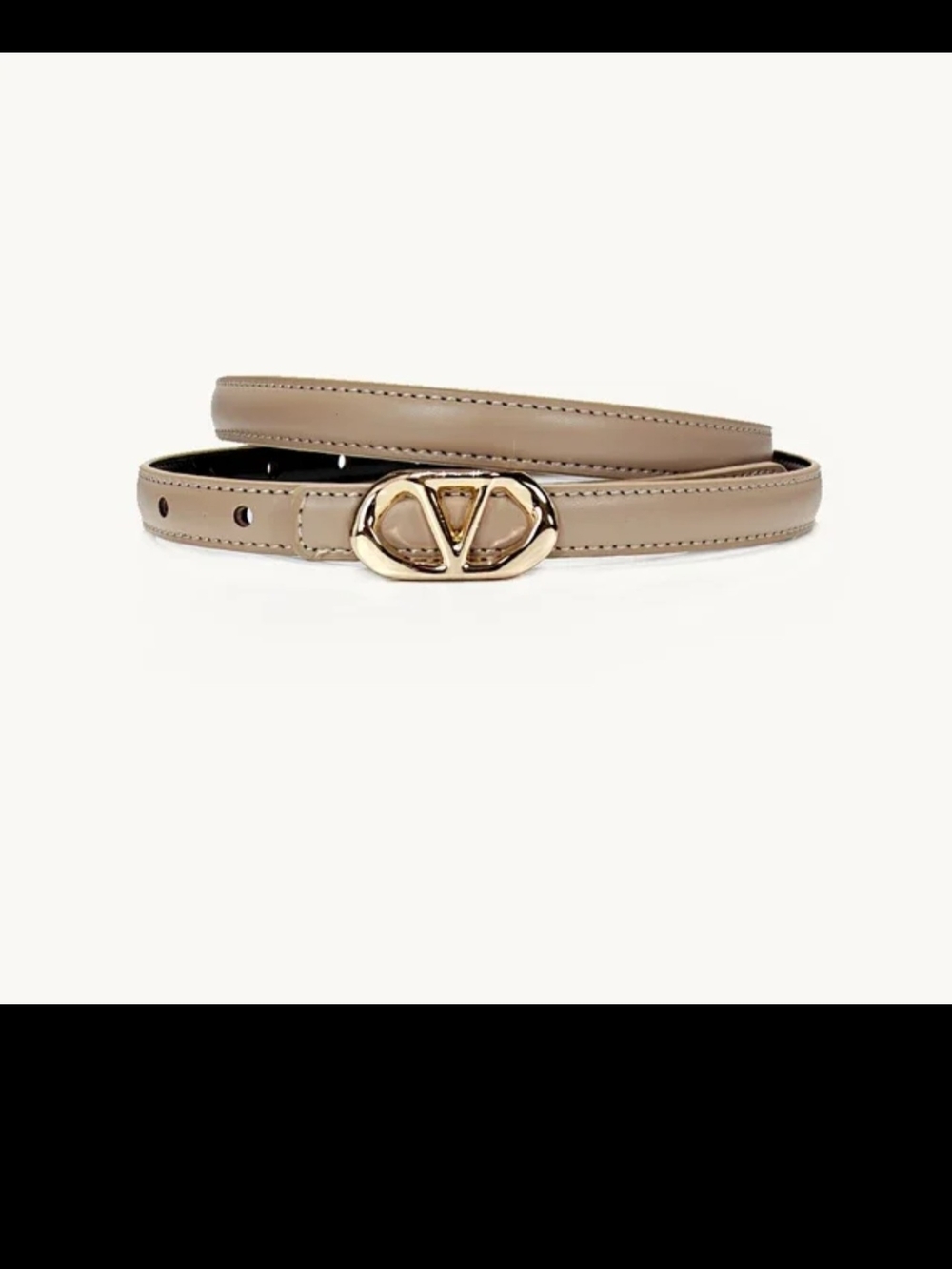 Stylish Women’s Taupe Leather Skinny Logo Belt with Gold Buckle